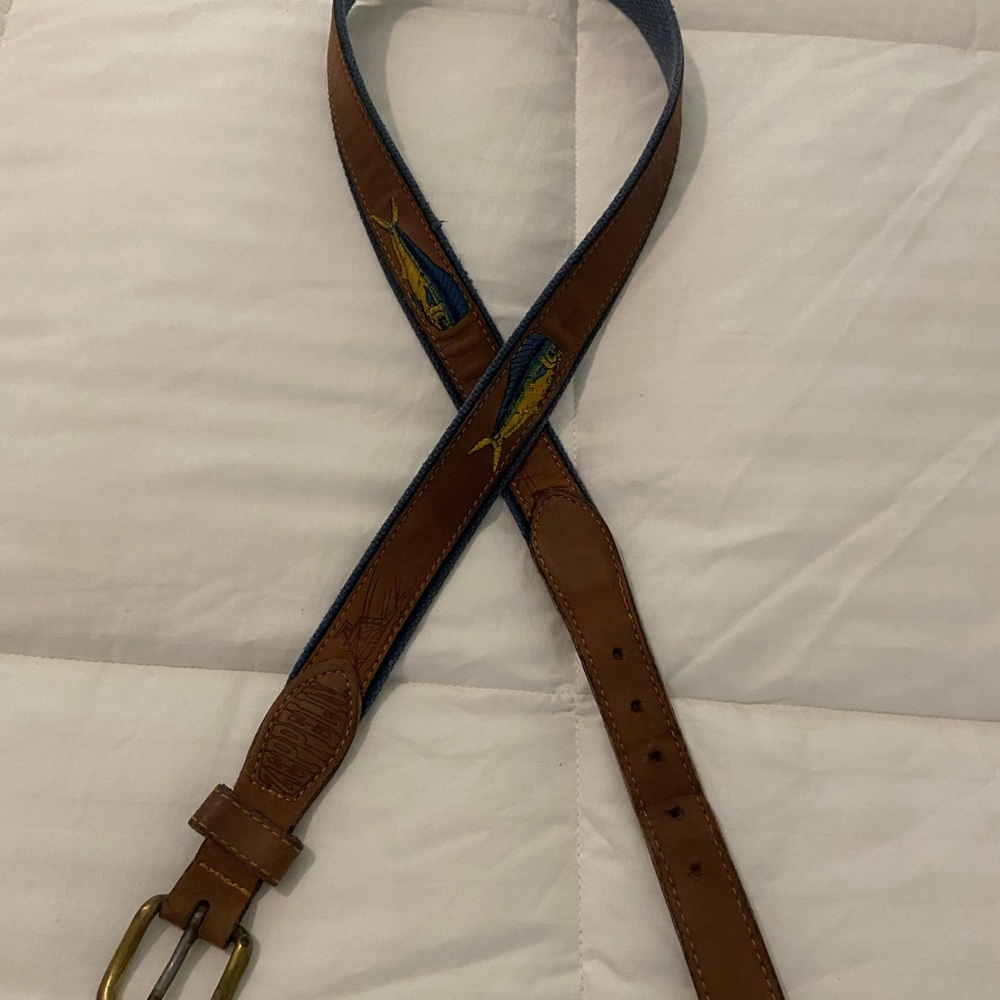 Zeppelin Men's 40 Brown Leather and Blue Canvas Belt with Blue Fish Accent